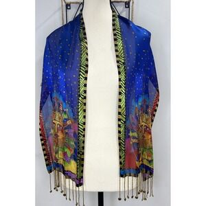 Laurel Burch Silk Scarf "Harmony Under The‎ Sun" Gold Beaded Fringe